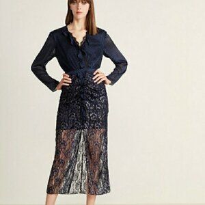 SALONI Yana Navy‎ Ruffle Lace Midi Dress